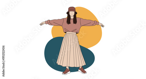 Stylish illustration features a woman in a brown sweater and pleated skirt standing with her arms wide open against abstract shapes.