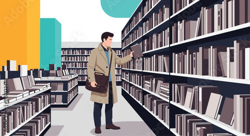 Thoughtful man in a tan coat browses the extensive collection of books on the tall shelves of a modern and quiet library.