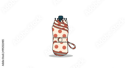Compact folding umbrella with a charming white and orange polka dot pattern is shown closed and standing upright in this illustration.