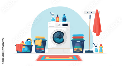 Laundry room interior featuring a modern washing machine surrounded by baskets of colorful folded clothes and cleaning detergents.