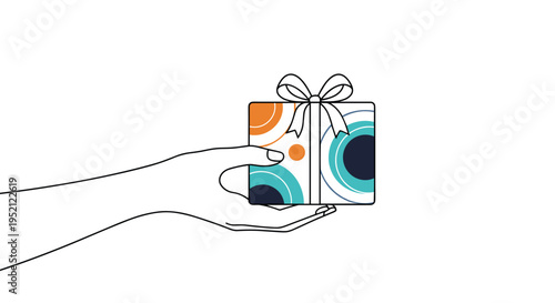 Elegant outline of a hand holding a small gift box decorated with colorful abstract circle patterns and a white bow.