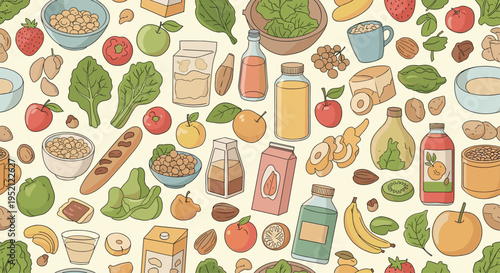 Seamless background pattern featuring a variety of healthy food items including fruits, vegetables, grains, and kitchen staples.