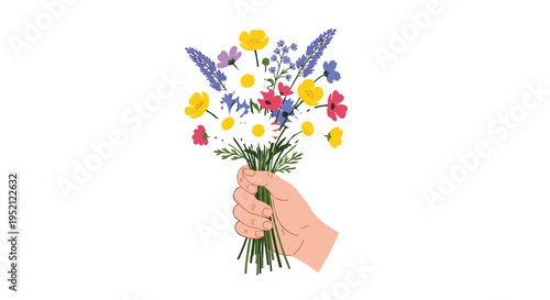 Human hand holding a vibrant bouquet of colorful wildflowers including daisies and lavender against a clean white background.