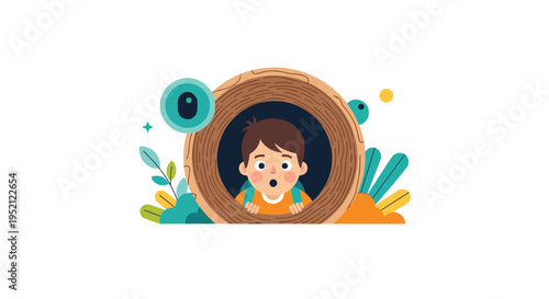 Surprised young boy peeking through a circular opening in a wooden structure surrounded by stylized plants and leaves.