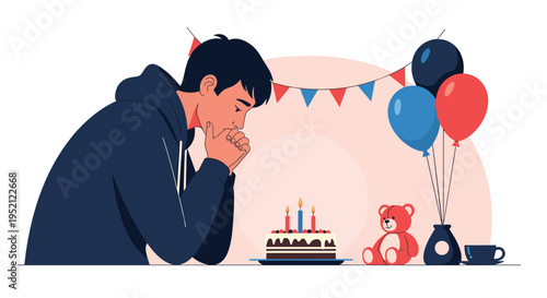 Sad man sitting alone at a table reflecting while looking at his small birthday cake with three lit candles.