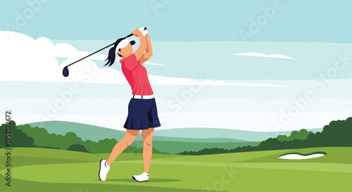 Female golfer in a red shirt and blue skirt executing a powerful swing on a lush green golf course with hills in the back.