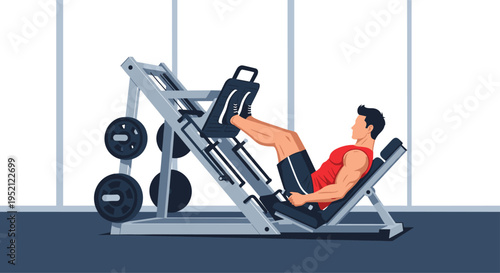 Athletic man performing leg exercises on a professional leg press machine in a modern gym with large windows.