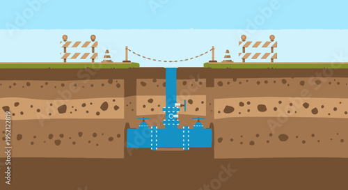 Underground pipeline breach with water gushing upwards, causing a disruption with safety barriers