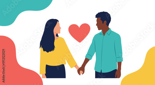 Romantic couple holding hands and looking at each other with a large pink heart between them on a stylized background.