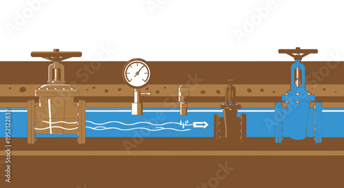 Illustration of water pipes with pressure gauge and valves, depicting water flow and infrastructure