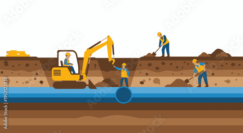 Construction workers and excavator digging trench for pipeline installation under a body of water