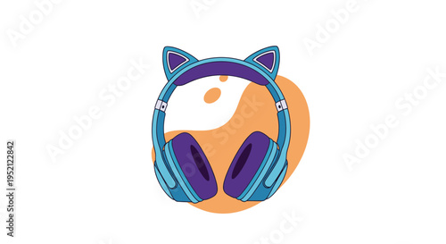 Trendy purple and blue headphones with decorative cat ears on the headband against an abstract orange background.