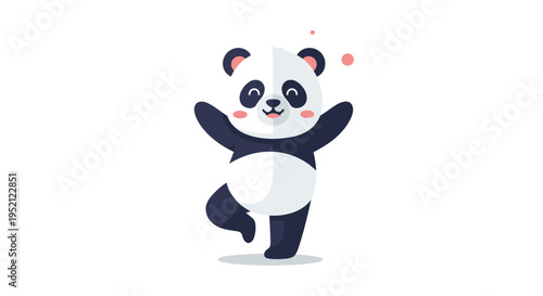 Adorable panda character standing playfully on one leg and waving its arm against a plain white background.
