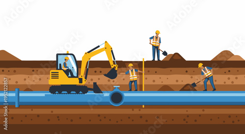 Construction workers and excavators installing large pipes underground for infrastructure development