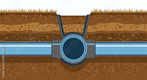 Illustration showing underground plumbing system with water flow through pipes