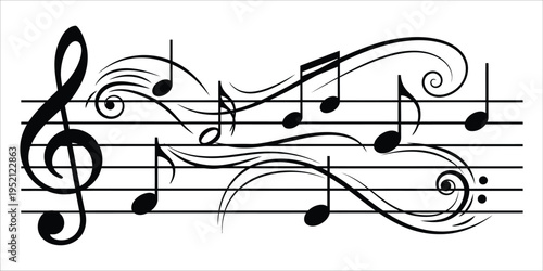 Decorative musical notes and clef on staff