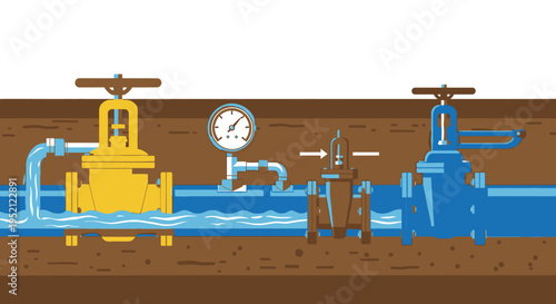 Industrial plumbing system with pressure gauge and water flow, illustrating fluid dynamics and infrastructure