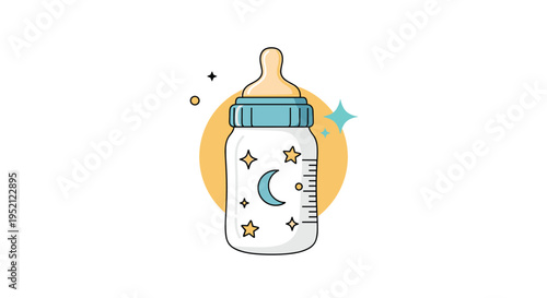 Cute baby nursing bottle decorated with moon and star patterns against a soft yellow circular background.