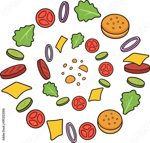 A vibrant circular arrangement of food items including burgers cheese lettuce tomatoes and onions on a white background