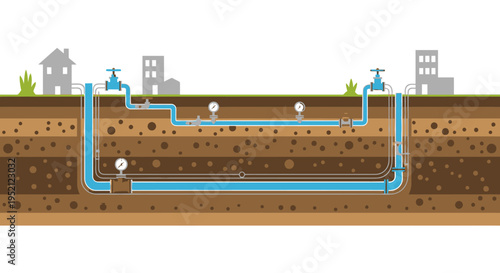 Diagram of underground water pipes showing distribution system with pressure gauges and buildings above ground