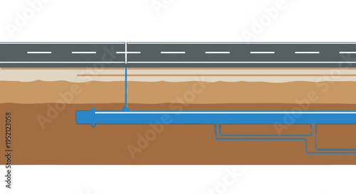 Underground infrastructure with pipes beneath a road, showcasing a cross-section of urban utilities