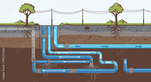 Diagram of underground water pipes, showing water flow and root interference
