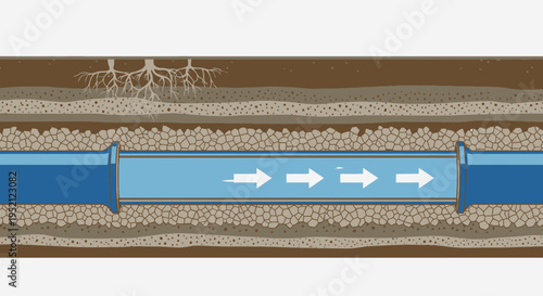 Underground water pipe with flowing liquid and roots encroaching on the soil layers