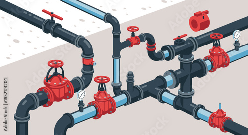 Industrial plumbing system illustration with valves and pipes, technical illustration of water supply and distribution