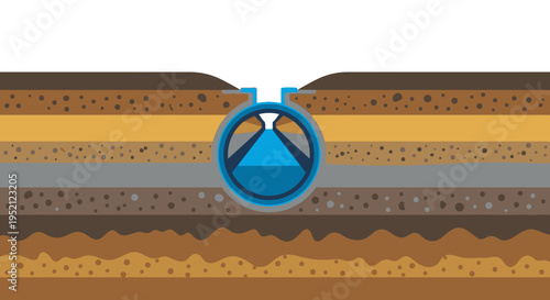 Cross-section of earth showing underground pipeline with flowing water symbol