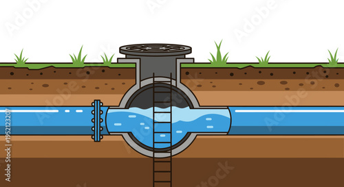 Cross-section illustration of underground water pipe system with manhole and ladder access