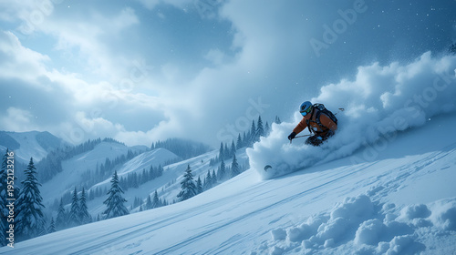 fresh powder snow, powder skiing and freeriding. severe snow storm with winds, climate change. epic winter landscape, strong wind, blizzard, snowfall