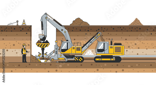 Construction scene with excavators digging a trench for underground pipes, workers overseeing project