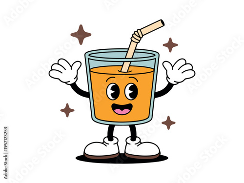 A joyful cartoon orange juice glass character with a straw shows its open arms and smiles
