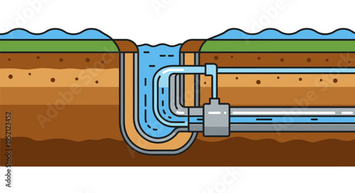 Cross-section of underground water pipe system with flowing water, illustrating plumbing infrastructure and fluid dynamics in a cutaway view