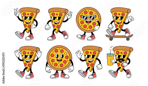 A lively collection of pizza slice and whole pizza characters showing fun expressions and activities