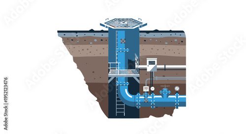 Cross-section illustration of an underground water management system with pipes and gauges