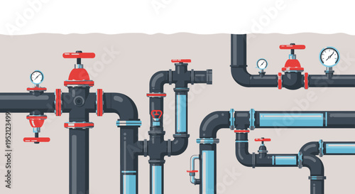 Industrial plumbing system with gauges and valves, intricate network of pipes under ground