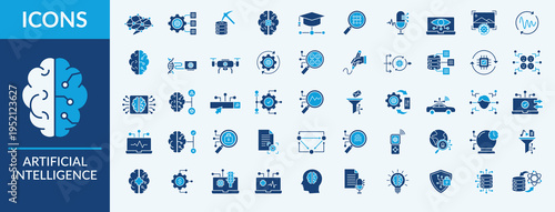 Artificial Intelligence icon set vector illustration. Containing icon of data mining, machine learning, neural network and more. Flat blue icon symbol collection