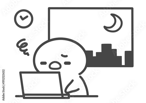 残業で疲れて眠そうなひよこ 夜遅くまで働く様子 パソコン作業中の疲労やストレスを表す手書き線画イラスト
