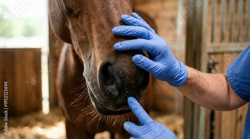 Woman veterinary, horse and medical care outdoor for health and wellness in the countryside. Happy doctor, professional nurse or vet person with an animal for help, touch and healthcare at a ranch