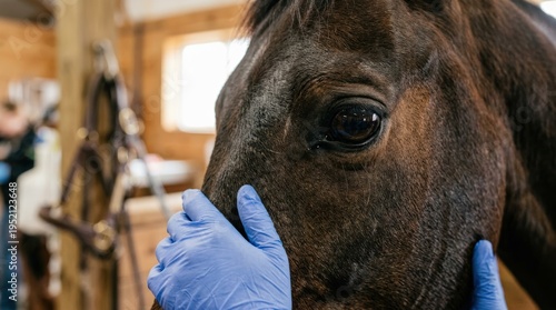 Woman veterinary, horse and medical care outdoor for health and wellness in the countryside. Happy doctor, professional nurse or vet person with an animal for help, touch and healthcare at a ranch
