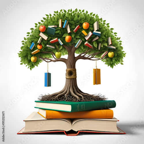 Conceptual depicting a tree with books as its roots and a diploma as its fruit symbolizing the power of education to cultivate growth knowledge and achievement
