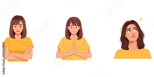 Set of three illustrations of a young woman expressing different emotions and gestures