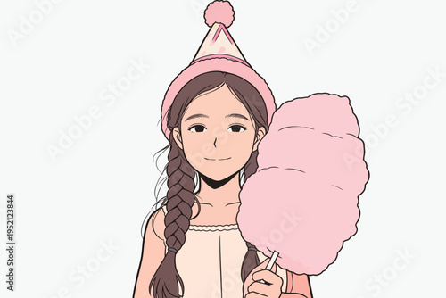 Girl holds cotton candy at a celebration while wearing a party hat during a festive event in a lively setting with colorful decorations