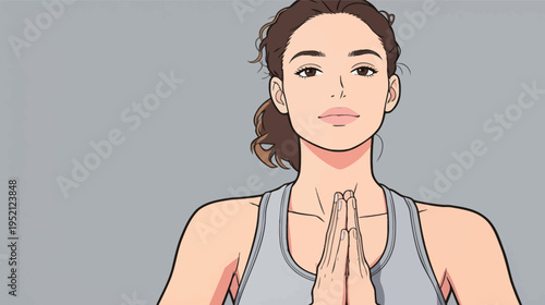 Woman practicing yoga in a grey room while sitting with hands in prayer position during morning session