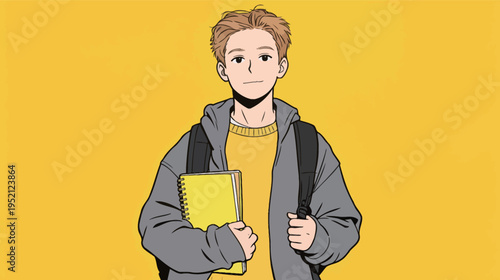 Young student stands with a notebook and backpack in front of a bright yellow background during daytime activities