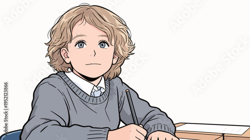 Student writes notes at a desk during class on a weekday morning