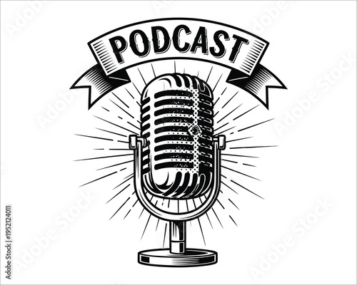 Vintage style podcast microphone illustration