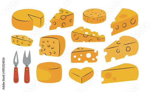 A collection of different yellow cheese blocks and slices with two cheese forks on a white