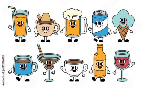 A fun collection of animated beverages and ice cream with smiling faces and cute expressions